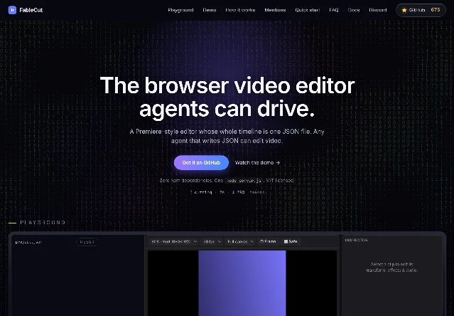 FableCut 官网首页,主标题 The browser video editor agents can drive,下面一行小字写着 Zero npm dependencies. One node server.js. MIT licensed.,页面下半是 Playground 与一个 project.json 编辑面板