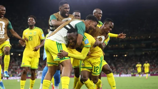 South Africa players celebrate the 1-0 win