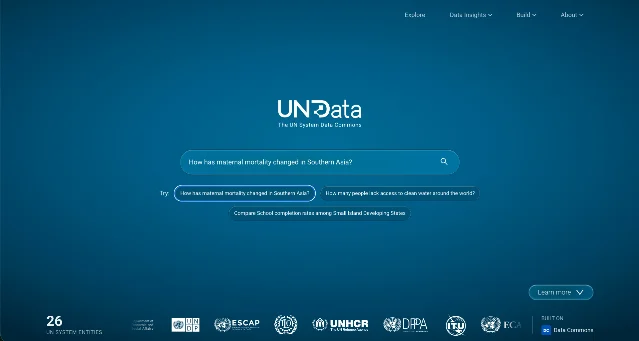 The UN System Data Commons homepage, showing a natural-language search box and the UN entities contributing data