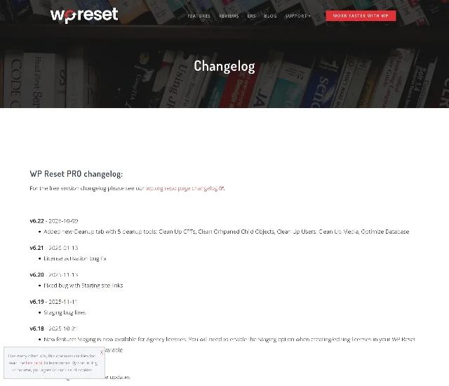 The WP Reset PRO changelog page, showing v6.22 dated October 9, 2026 above an entry dated January 13, 2026