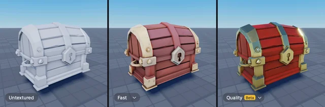 Three versions of the same chest side by side: untextured grey, a flat colour-only Fast render, and a Quality render with red wood, brass banding and a lit highlight
