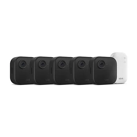 Blink Outdoor 4 five-camera wireless security system with white cameras and Sync Module Core