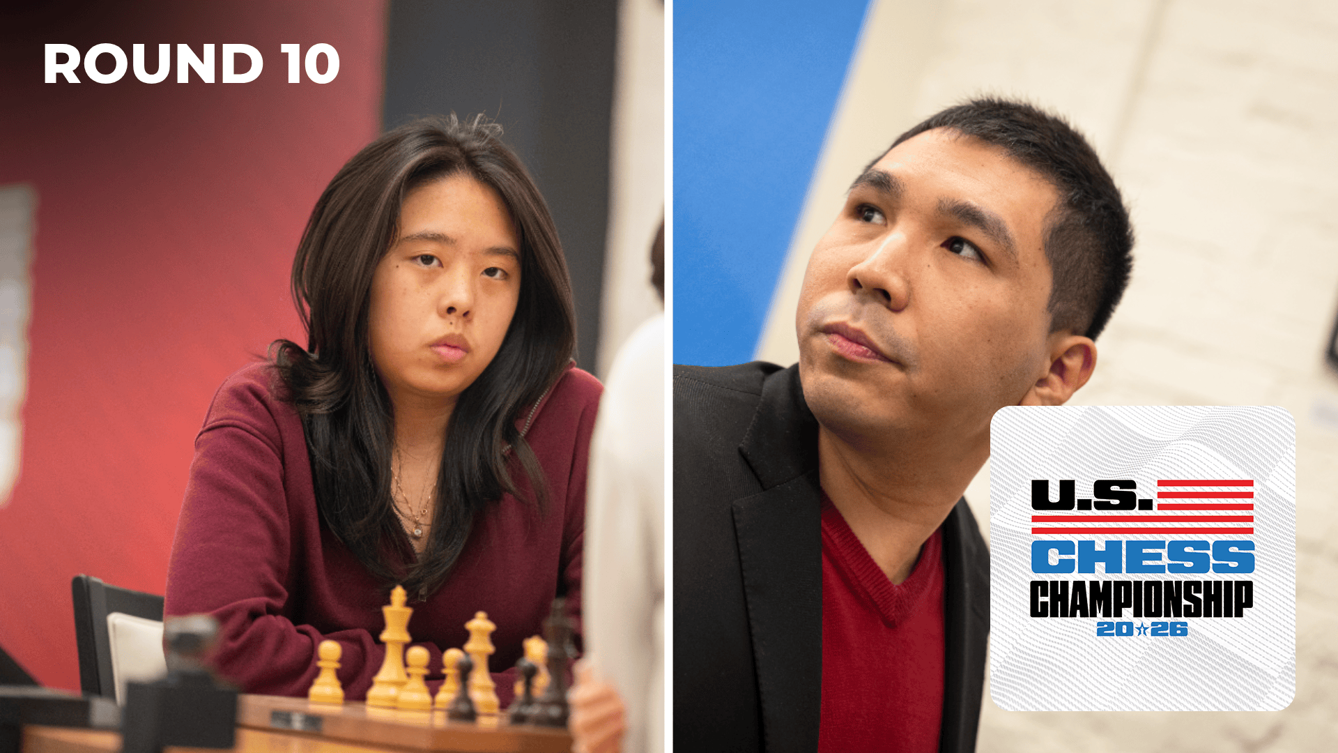 Rachael Li at the board on the left and Wesley So on the right, in a split frame