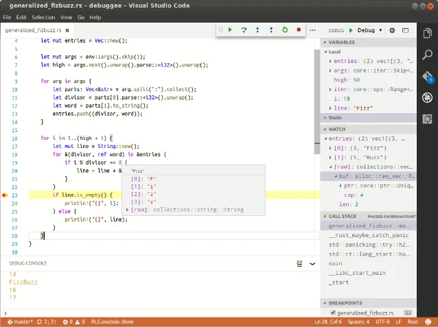 VS Code interface showing Rust FizzBuzz debugging with breakpoints, variable hover, and the Variables panel