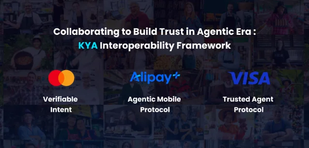 Promotional slide titled Collaborating to Build Trust in Agentic Era: KYA Interoperability Framework, showing Mastercard, Alipay+, and Visa logos