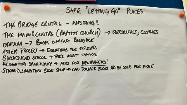 A handwritten sheet of paper headed "Safe letting go places", listing local charities and what each will accept