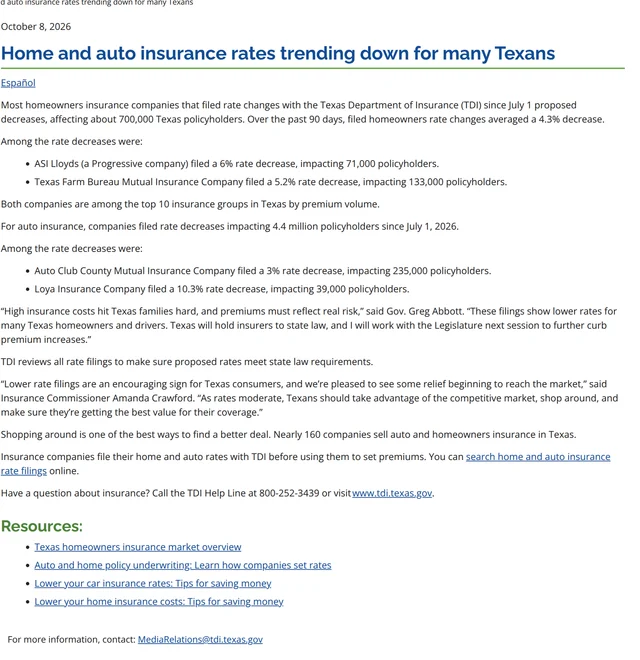 A Texas Department of Insurance news release dated October 8, 2026, headed "Home and auto insurance rates trending down for many Texans," listing company names, rate decreases and policyholder counts, and stating that auto insurers filed decreases covering 4.4 million policyholders since July 1, 2026.