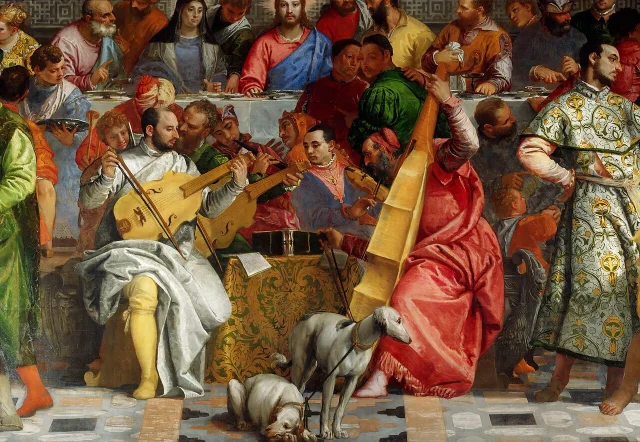 The four central musicians: Veronese in white (left), Bassano with the horn, Tintoretto in red and blue, Titian in the scarlet robe at right — with two greyhounds resting in the foreground