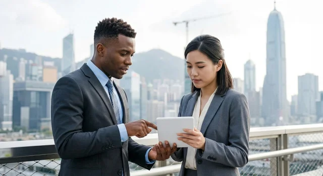 Two enterprise professionals reviewing data on a tablet against a global city skyline