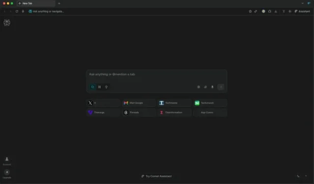 A TechCrunch screenshot of the Comet new tab interface