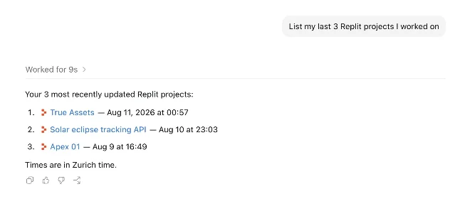 A client asking Replit through MCP for its three most recently updated projects