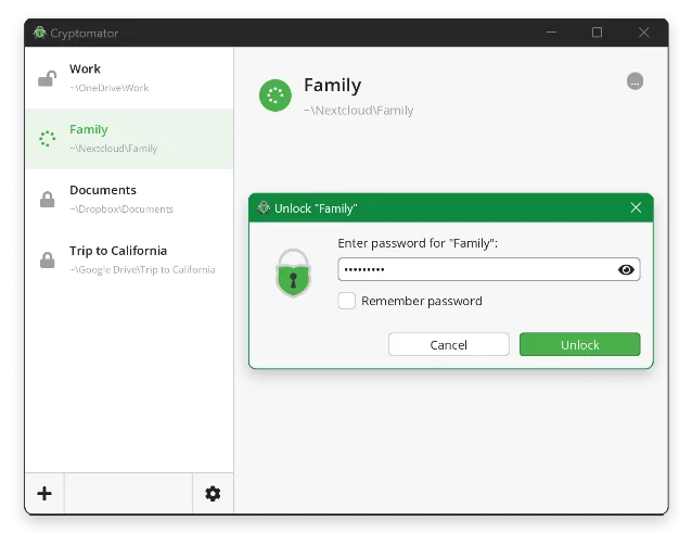 Cryptomator 官方 Windows 客户端截图：左侧一列是四个保险库条目 Work、Family、Documents、Trip to California，每条下方标着所在目录，当前选中 Family；窗口中央弹出解锁对话框 Unlock "Family"，含密码输入框、Remember password 勾选项和 Cancel 与 Unlock 两个按钮
