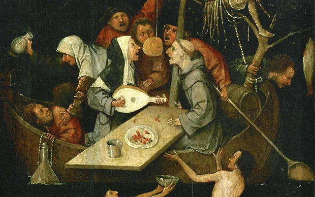 博斯《愚人船》,约 1490-1500 年,中世纪名画,描绘表面道貌岸然的人在放任状态下的真实行为