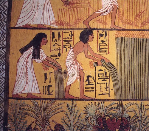 Wall painting from the tomb of Sennedjem, depicting the deceased and his wife harvesting in the Field of Reeds, Deir el-Medina near Thebes, c. 1200 BCE