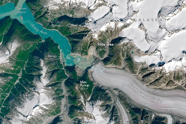 NASA Landsat satellite image of Tracy Arm fjord after the August 10, 2025 landslide-tsunami, showing bare hillsides stripped of vegetation and fresh landslide scar