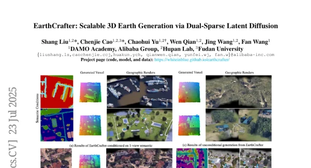 EarthCrafter 生成结果:基于不同语义条件生成的 3D 地球体素与地理渲染示例