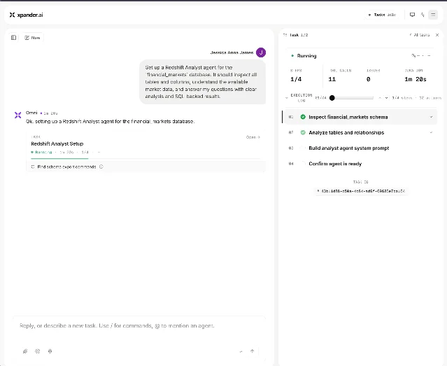 Official Omni task view showing a Redshift Analyst setup with schema inspection, tool calls, and a four-step execution log