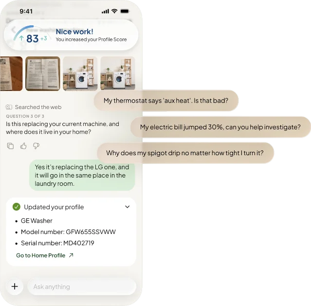 Hint's chat screen using uploaded home images and documents to answer appliance and utility questions