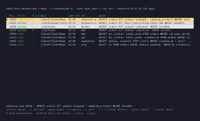 PlanetScale Connections: pscale branch connections top live view with stuck checkout transaction