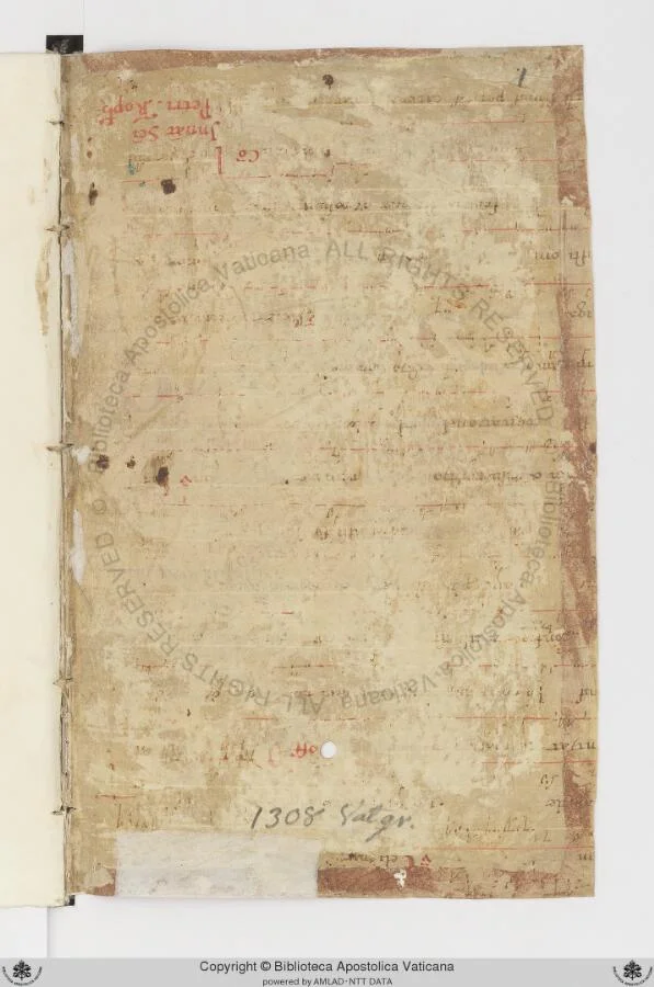 Opening page (f.1r) of Plutarch's Opera in Vat.gr.1308 — 15th-century Greek minuscule script by Lianoro de' Lianori, with a red ornamental initial opening the text and the Vatican Apostolic Library stamp at lower right