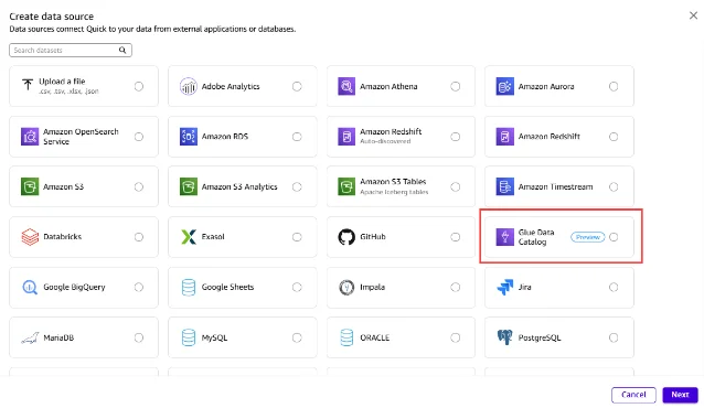 Amazon Quick 数据源选择界面:Glue Data Catalog 标记为 Preview