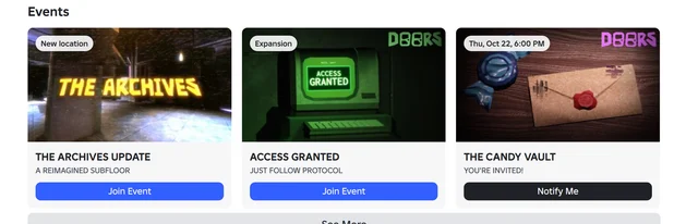 The Events rail on DOORS' Roblox listing this morning, showing three cards: THE ARCHIVES UPDATE with Join Event, ACCESS GRANTED with Join Event, and THE CANDY VAULT with the pill Thu Oct 22 6:00 PM and a black Notify Me button