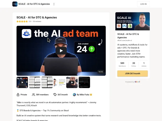 Public SCALE AI community page captured September 16, 2026, showing 589 members, a $67 monthly price, a 5.0 rating from 18 reviews, and one admin