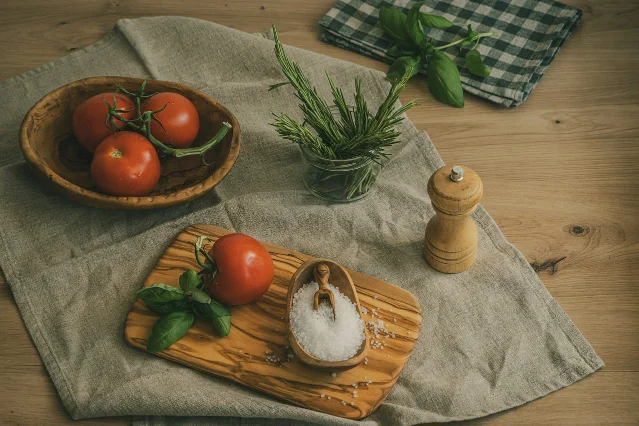 Wooden cutting board with coarse salt, tomatoes, and herbs