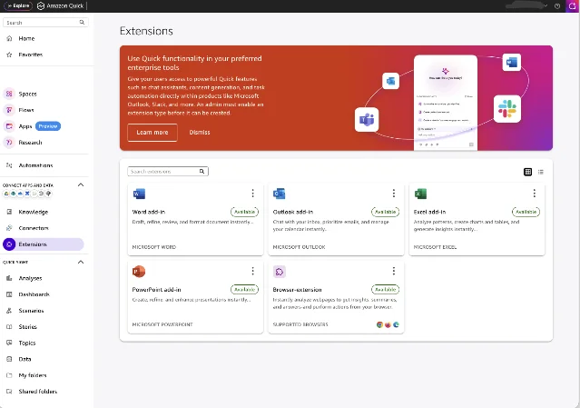 Amazon Quick's extension catalog showing Word, Outlook, Excel, and PowerPoint add-ins
