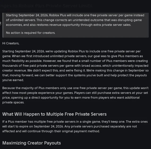 Roblox's own summary of the private server change on the Developer Forum