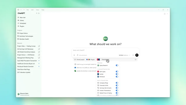ChatGPT for Financial Services 数据源选择与投研界面