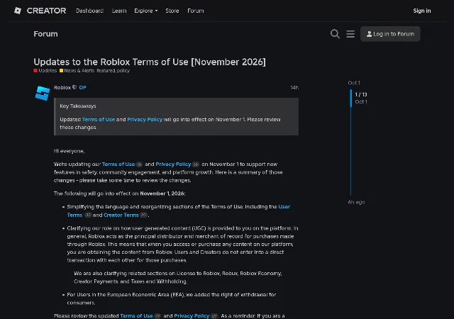 A Developer Forum page titled "Updates to the Roblox Terms of Use [November 2026]" under a blue Roblox staff badge, with a grey Key Takeaways panel reading "Updated Terms of Use and Privacy Policy will go into effect on November 1. Please review these changes."
