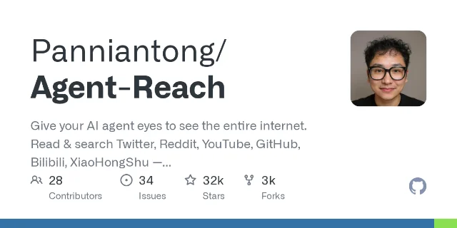 Panniantong/Agent-Reach GitHub repository social preview card showing 32K stars, 3K forks, 28 contributors