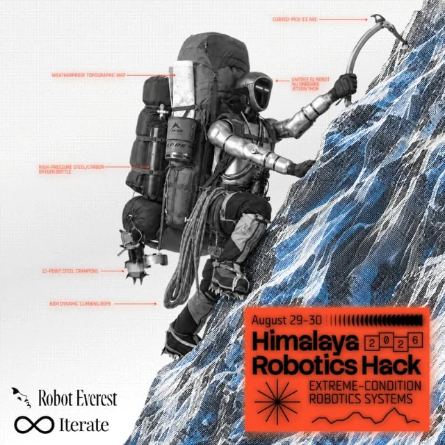 A detailed robot climber on a blue-and-white mountain beside technical annotations for the Himalaya Robotics Hack