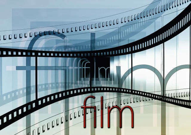 Curved film strips representing the movie production context for a Henry Stickmin adaptation