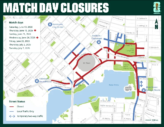 Vancouver stadium-area match day closure map