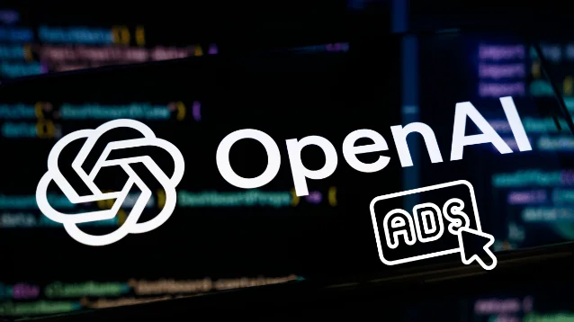 OpenAI 广告产品宣传图,黑色背景,白色 OpenAI 标志与 ADS 字样