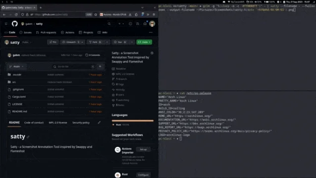 satty 工具栏演示:顶部工具栏、画布标注、裁剪框均可见,Adwaita 风格 UI