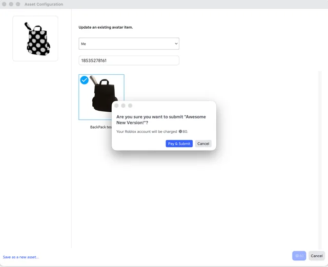 Studio's Update an existing asset control, with the published item's asset ID typed in and the pay-and-submit step that follows