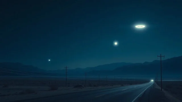 夜间荒野公路上空,三个依次排列的发光不明飞行物,最上方为环形发光体
