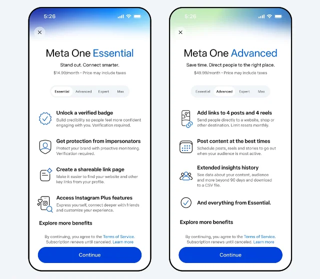 Two phone screens showing the Meta One Essential plan at $14.99 a month and the Meta One Advanced plan at $49.99 a month, with tabs for Essential, Advanced, Expert and Max