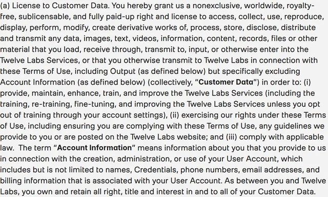 Clause 4(a) of the TwelveLabs Terms of Use, setting out the licence the customer grants over uploaded data and the sentence excluding training only if the customer opts out in account settings
