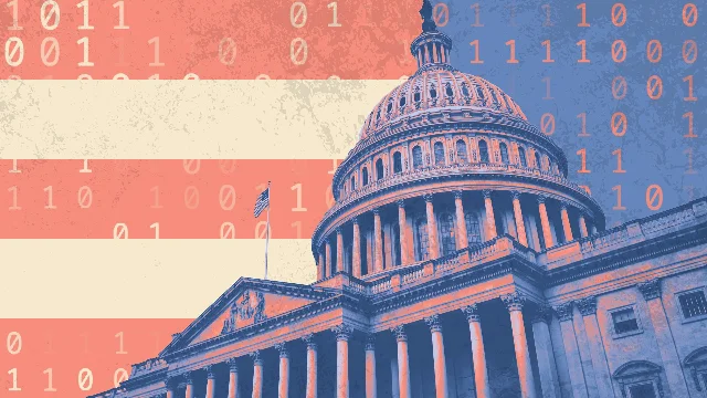 Illustration of the U.S. Capitol Building with binary code and U.S. flag stripe patterns, representing the intersection of AI policy and Congress