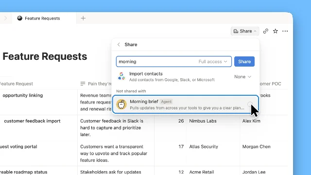 Notion’s Feature Requests database with the Share dialog open and the Morning brief agent available to select