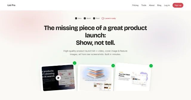 List Pro's homepage shows three launch-ready product cards arranged below a product-launch headline
