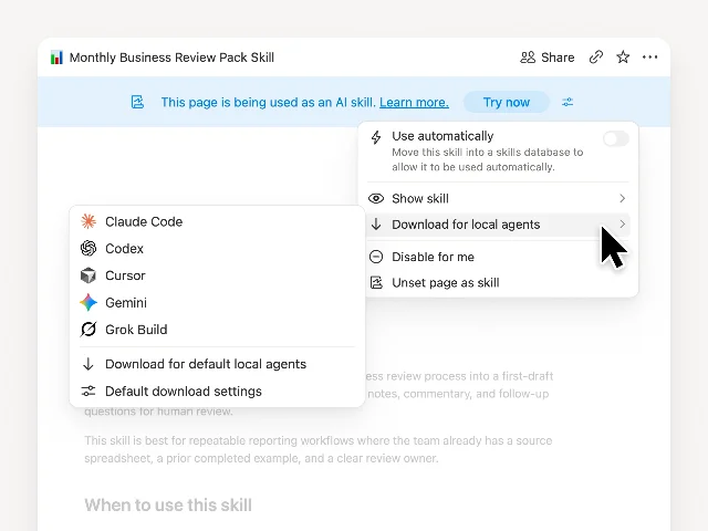 A skill page in Notion with the Download for local agents menu expanded, listing Claude Code, Codex, Cursor, Gemini, and Grok Build