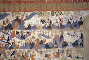 第 428 窟须达拏太子本生局部，人物、建筑与山峦交错