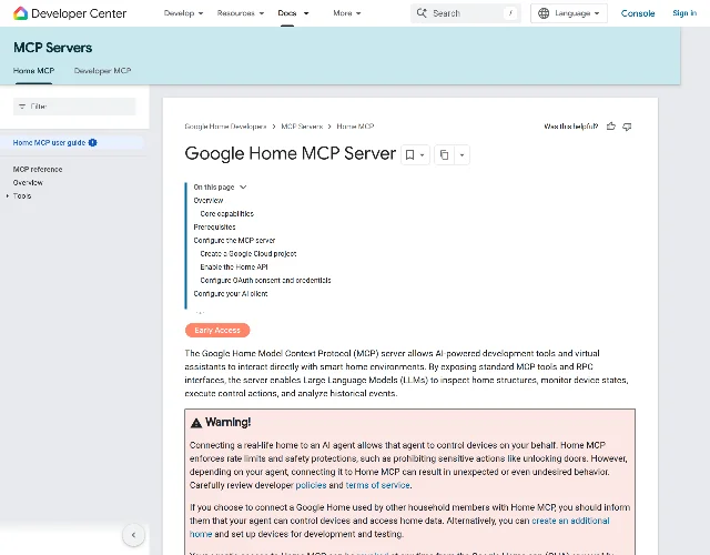The Google Home MCP Server documentation page showing an Early Access badge and a warning box about connecting a real home to an AI agent