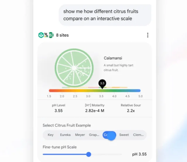 Google Search interactive visual comparing citrus fruits on a pH scale