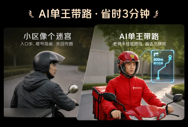 普通头盔与京东外卖红色AI智能头盔的并列功能示意